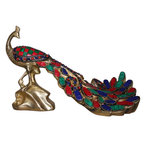 Pure Brass Peacock Figurine with Colorful Inlay Work