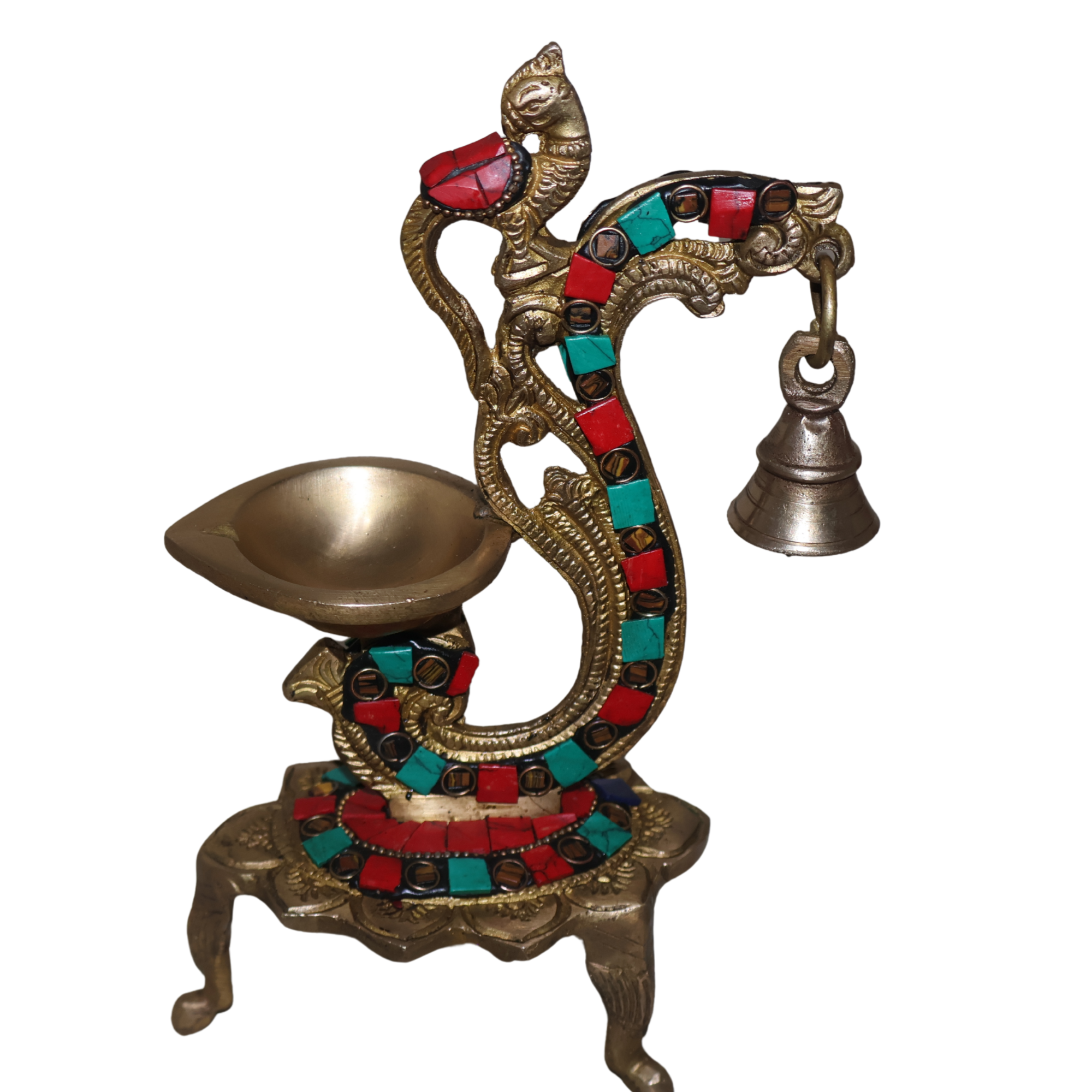 Brass Peacock Diya with Bell & Stone Work