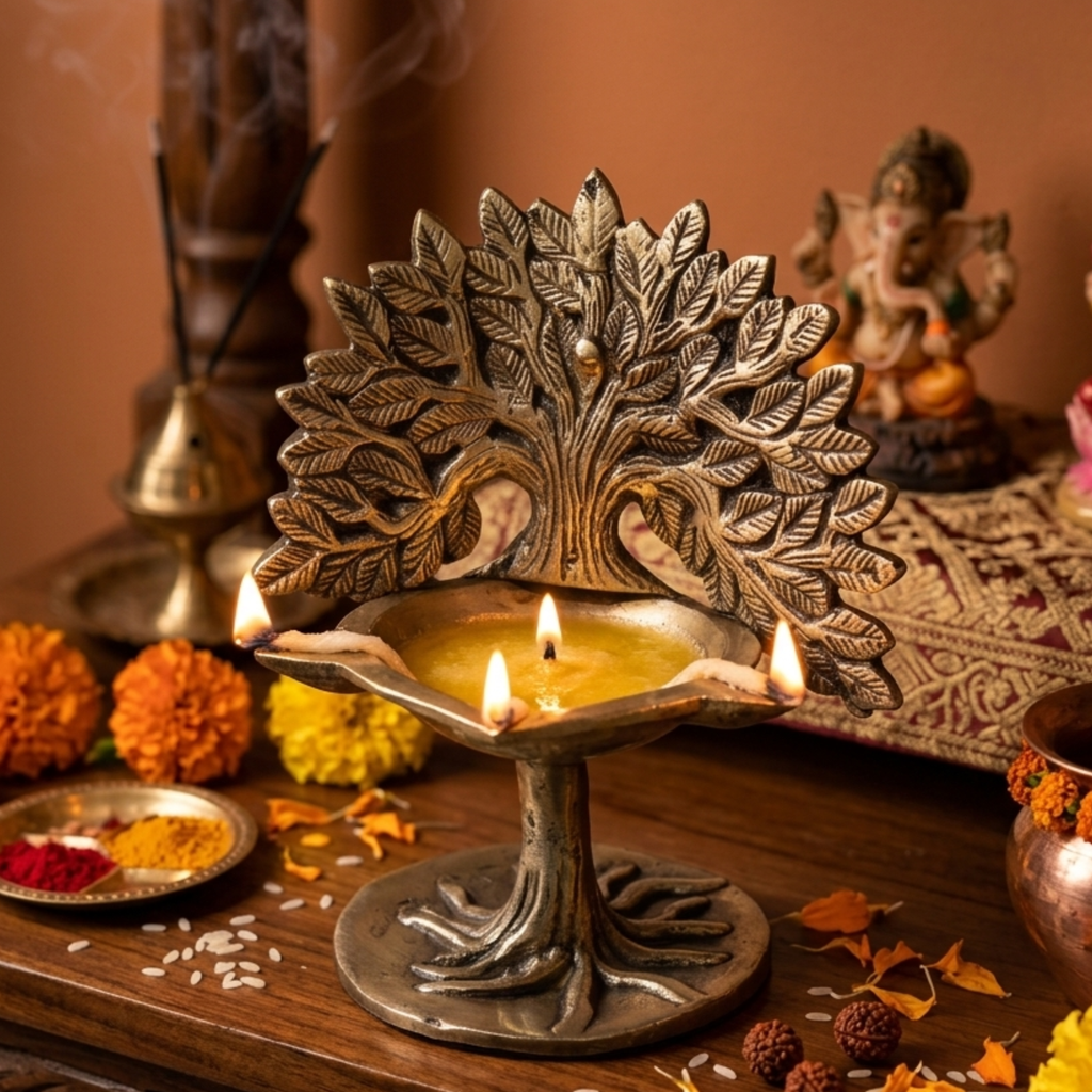 Pure Brass Tree of Life Diya Antique Gold Finish