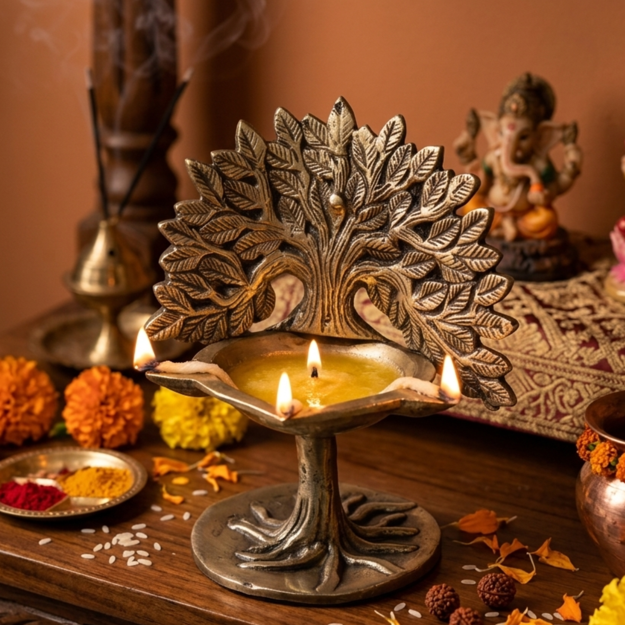 Pure Brass Tree of Life Diya Antique Gold Finish