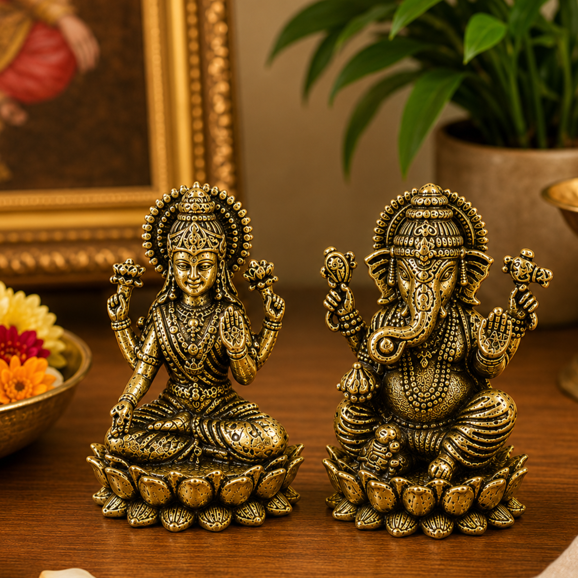 Pure Brass Miniature Lotus Laxmi Ganesha