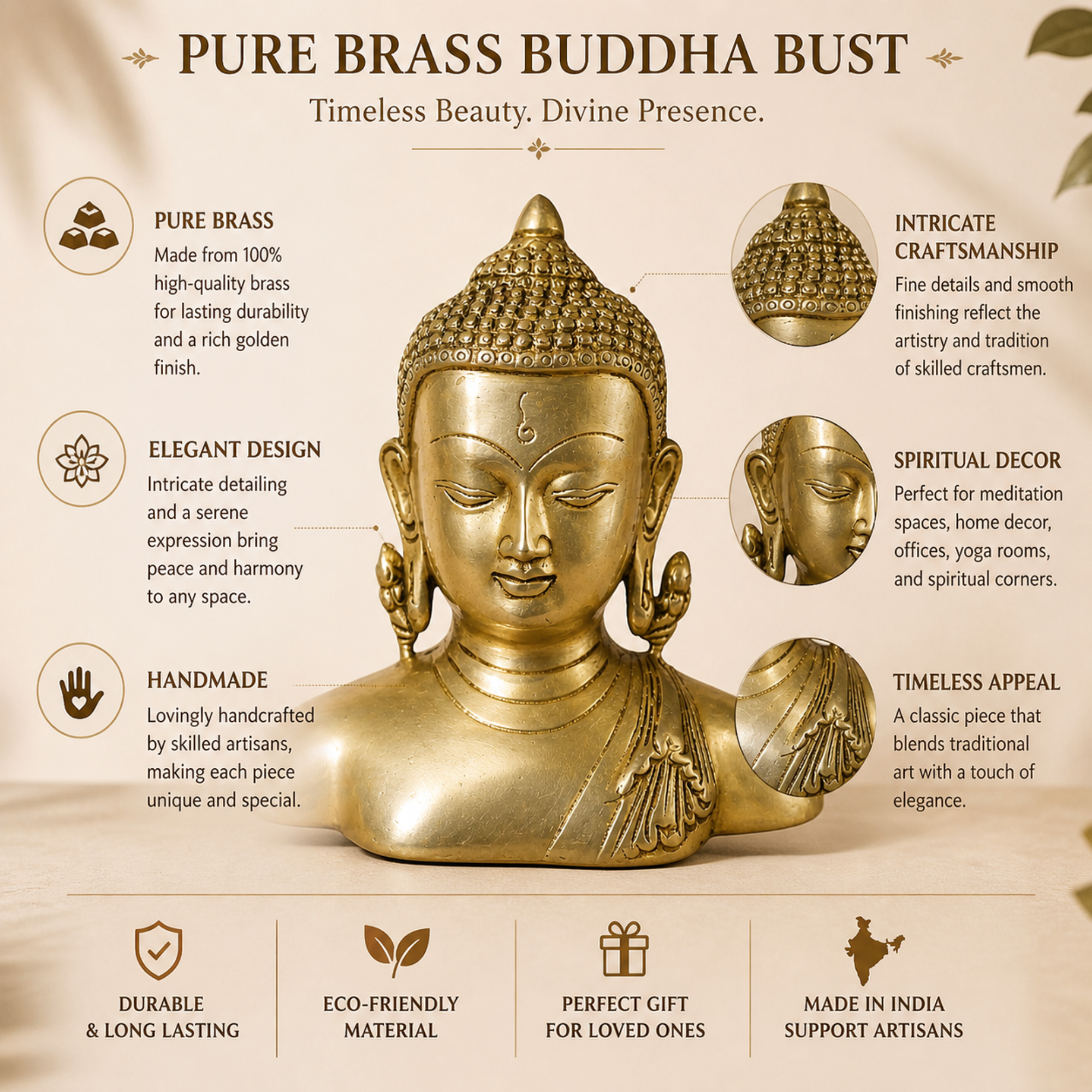 Brass Buddha Head Bust