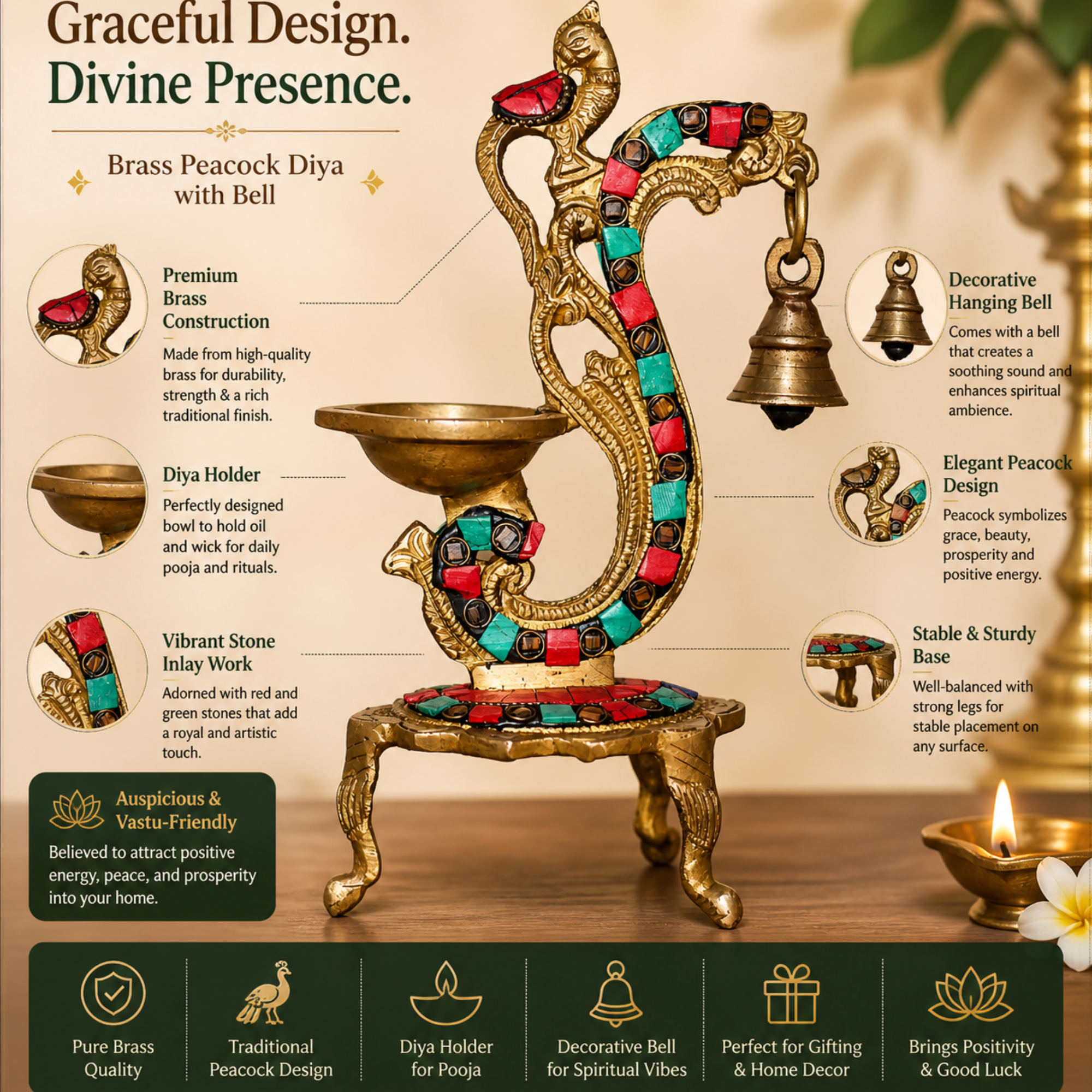 Brass Peacock Diya with Bell & Stone Work