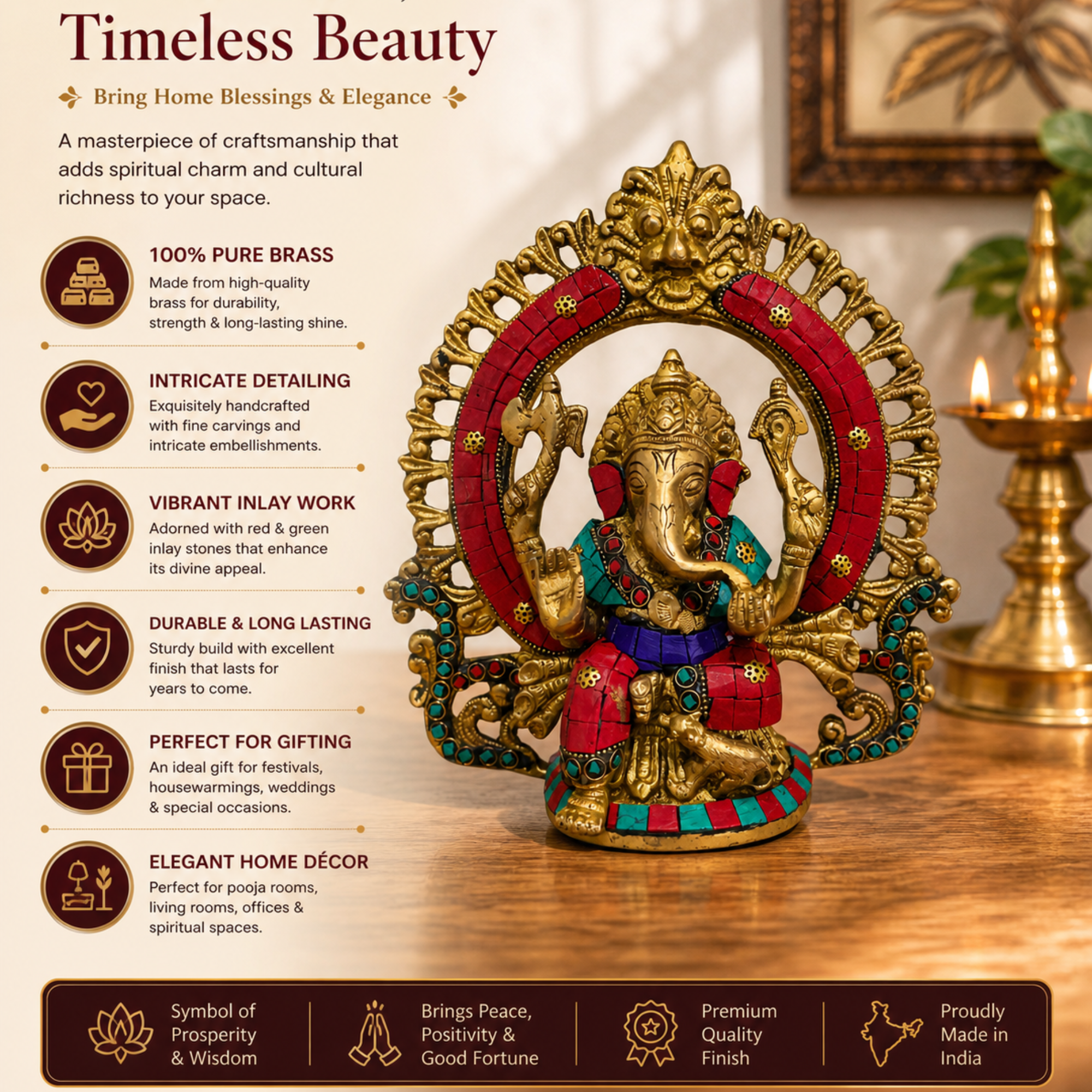 Brass Ganesha Idol with Stone Work