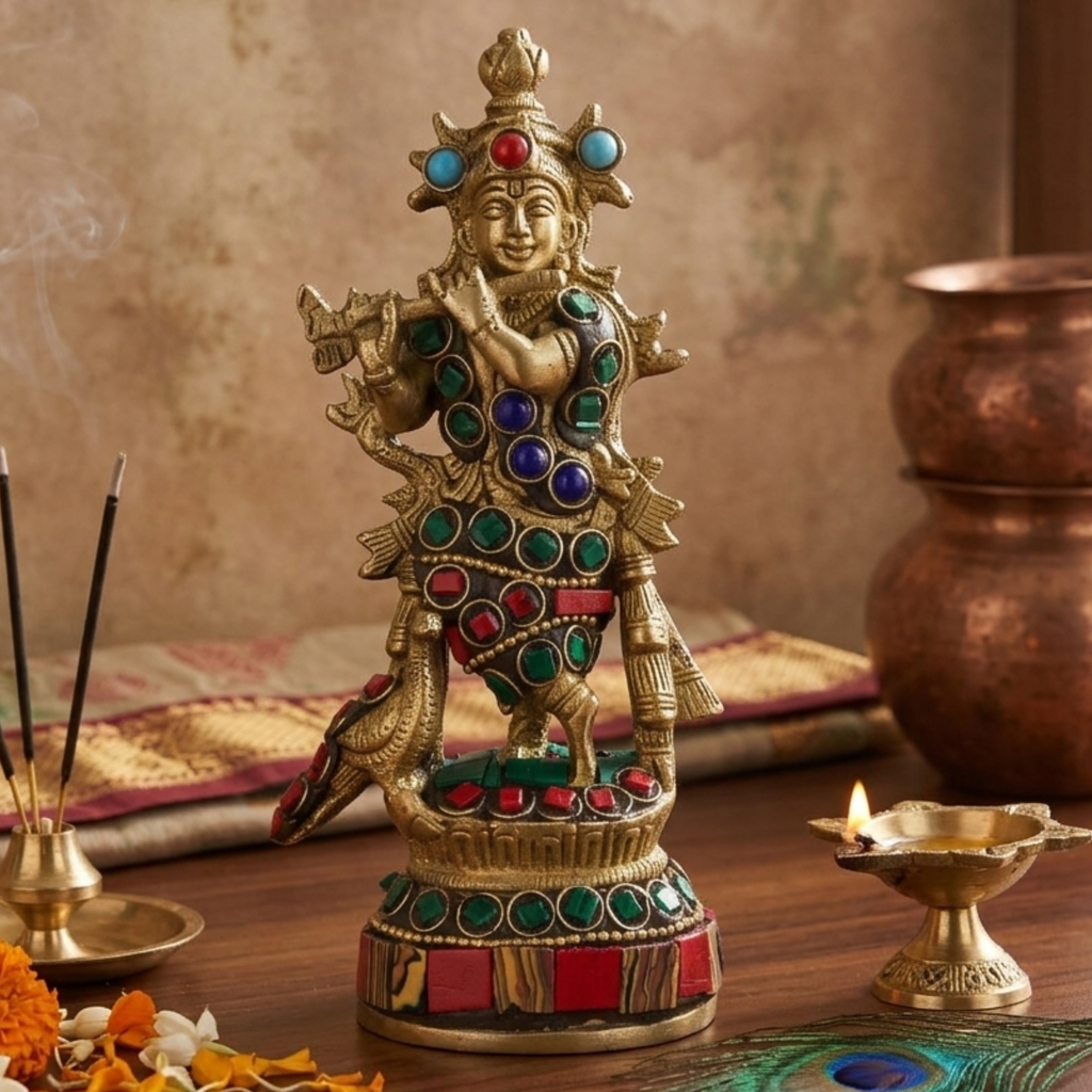 Brass Krishna Idol with Stone Work