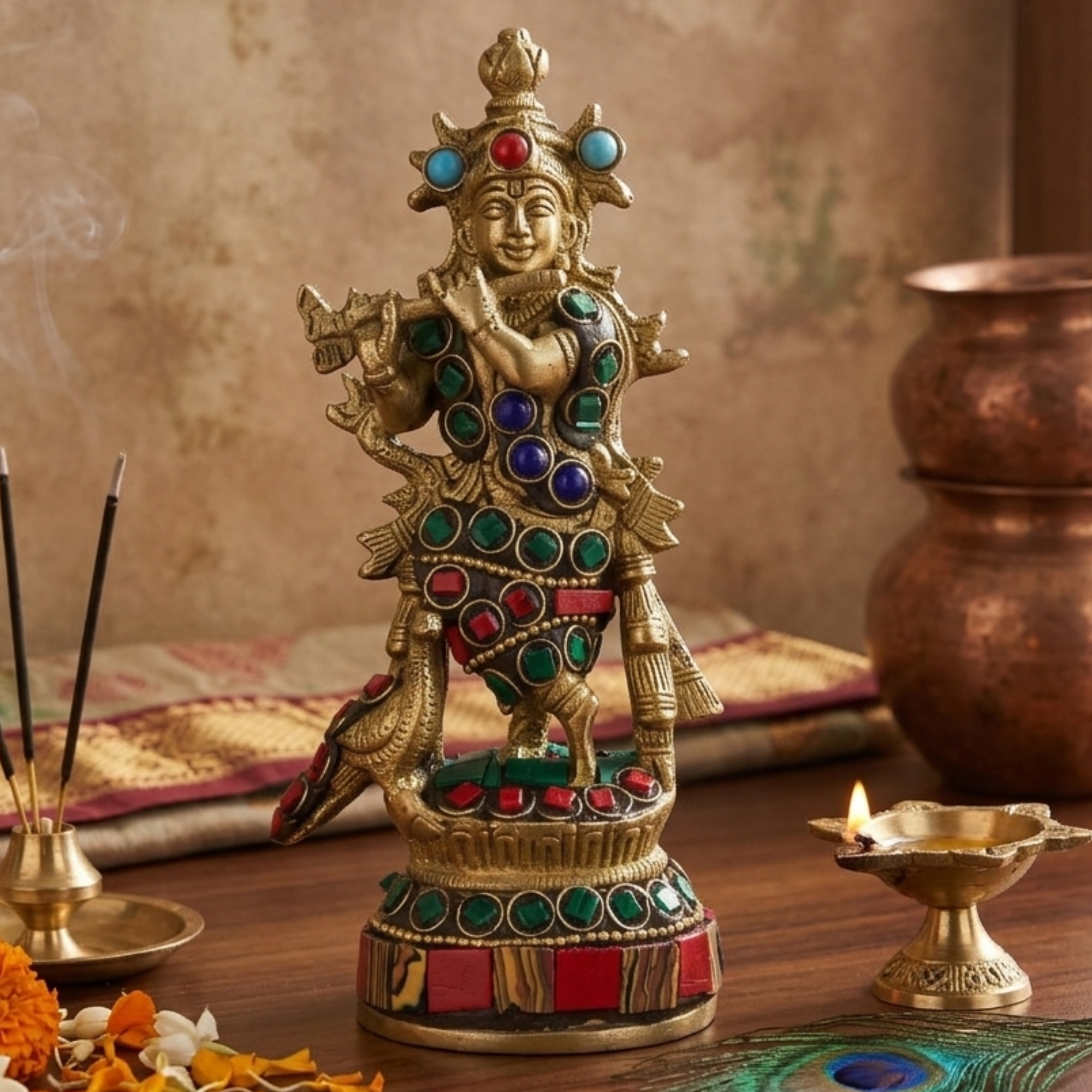 Brass Krishna Idol with Stone Work