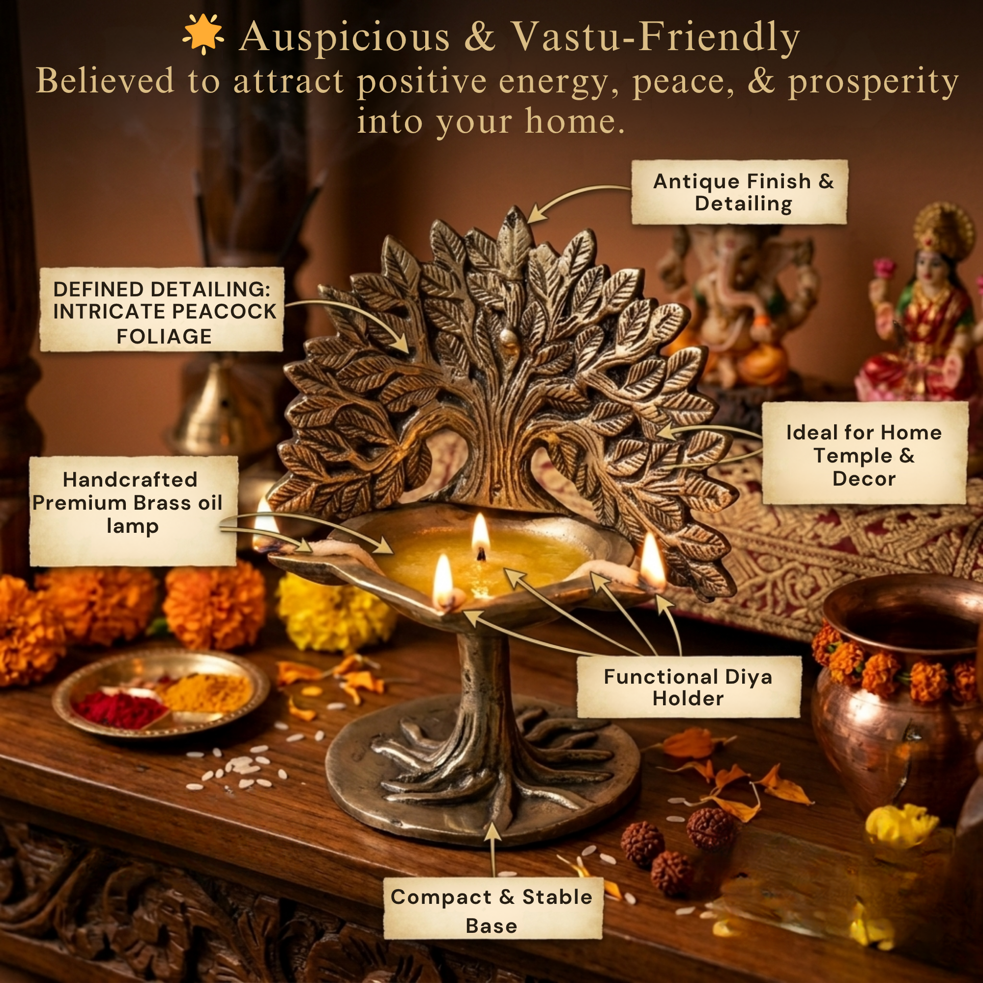 Pure Brass Tree of Life Diya Antique Gold Finish