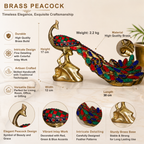Pure Brass Peacock Figurine with Colorful Inlay Work