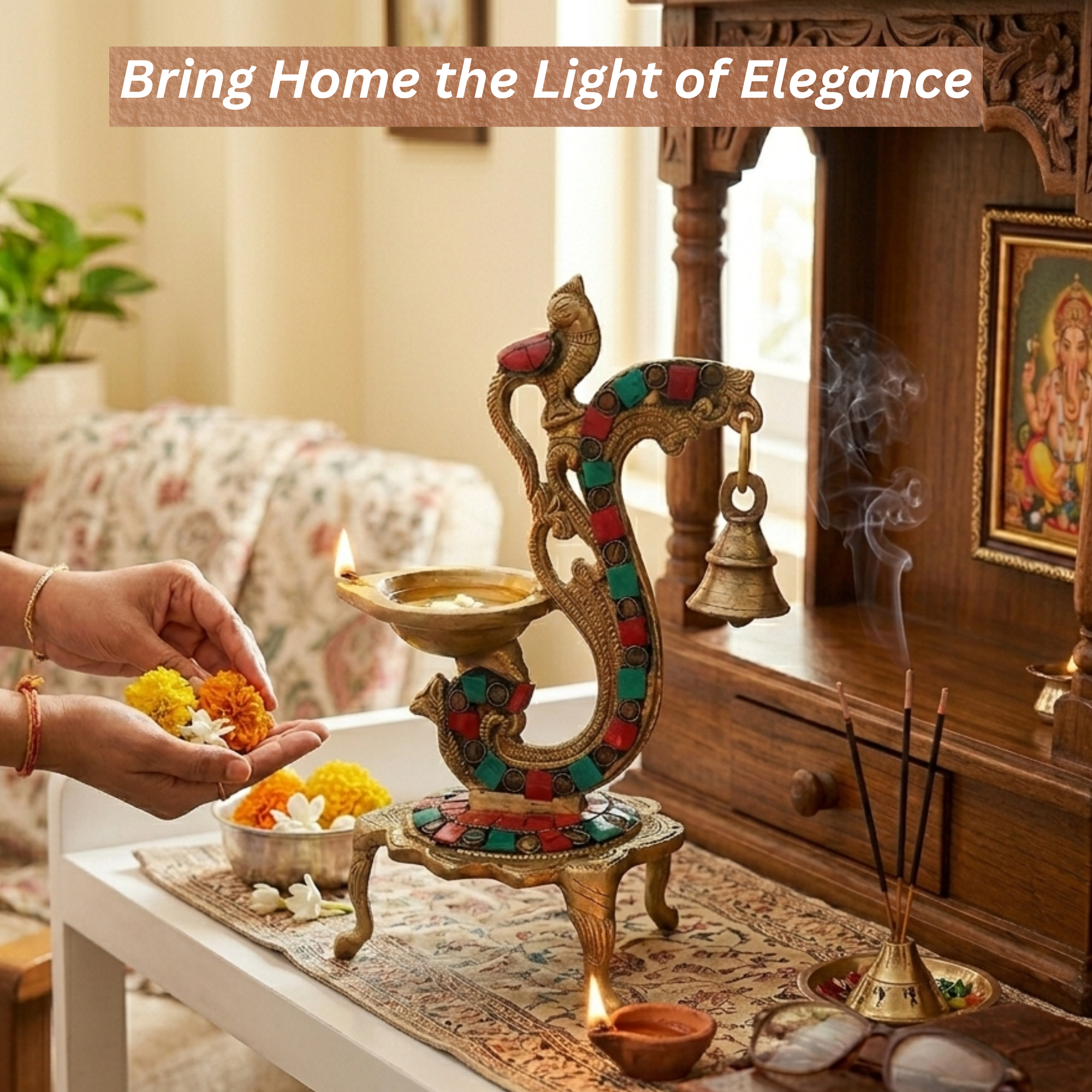 Brass Peacock Diya with Bell & Stone Work