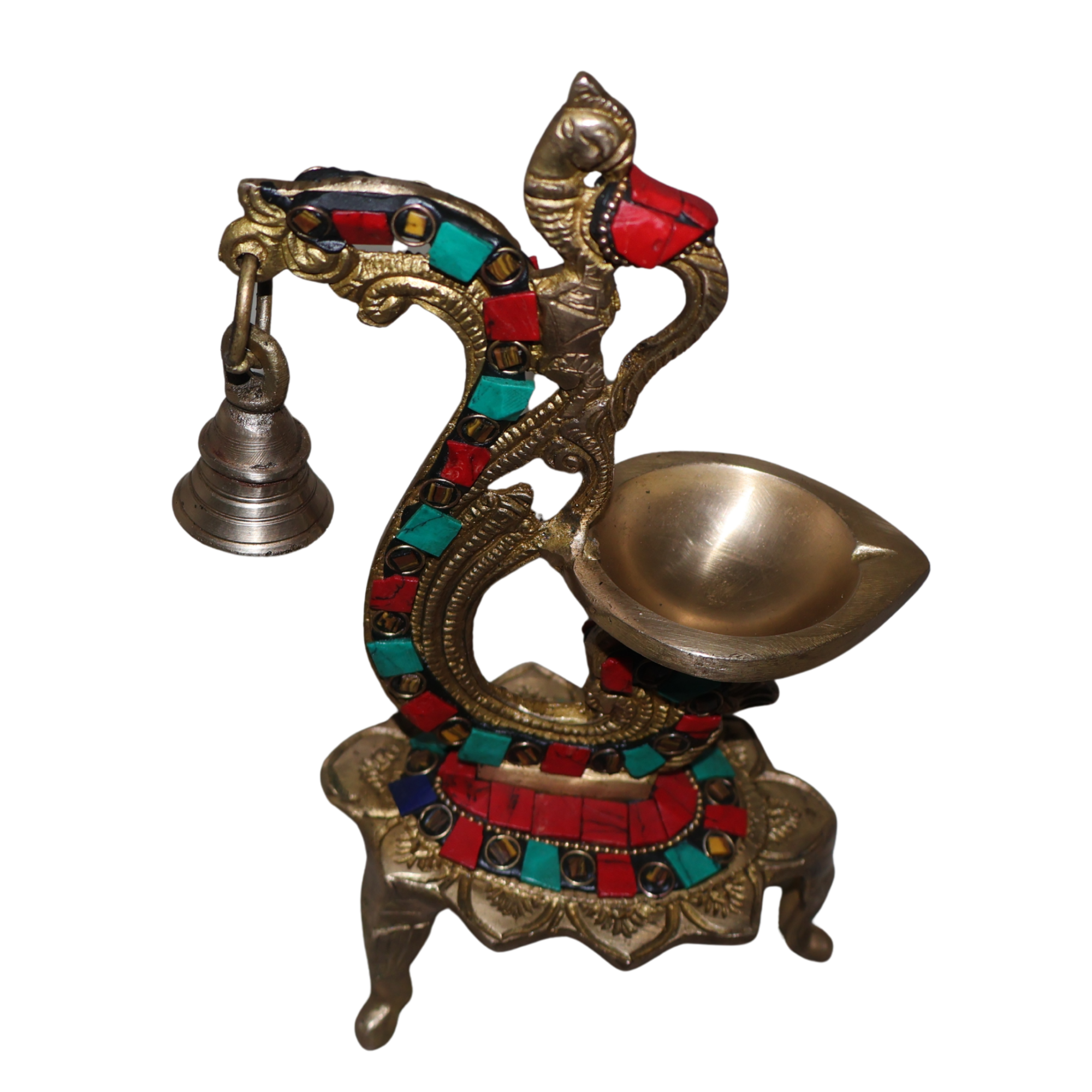 Brass Peacock Diya with Bell & Stone Work