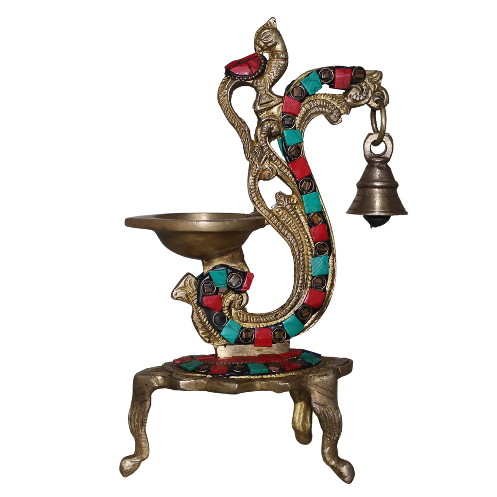 Brass Peacock Diya with Bell & Stone Work