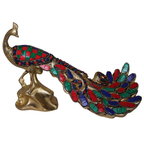 Pure Brass Peacock Figurine with Colorful Inlay Work
