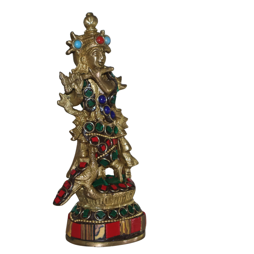 Brass Krishna Idol with Stone Work