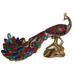 Pure Brass Peacock Figurine with Colorful Inlay Work