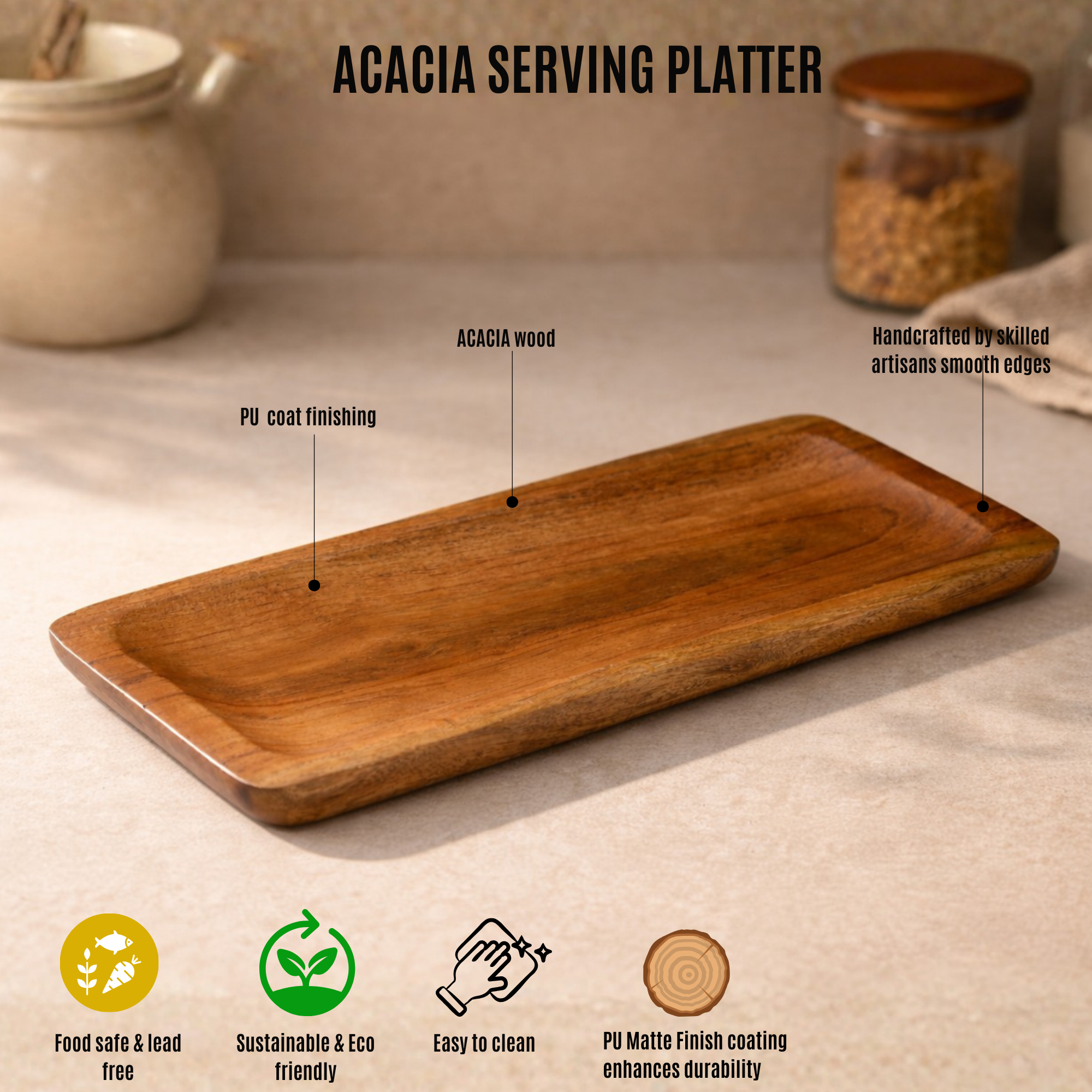 Acacia Wooden Rectangular Serving Platter Tray (10x7 inches)
