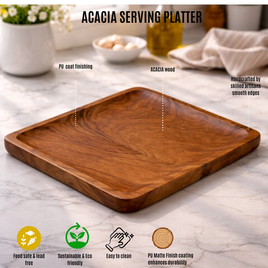 Acacia Wooden Serving Platter Tray,(10x10 inch)