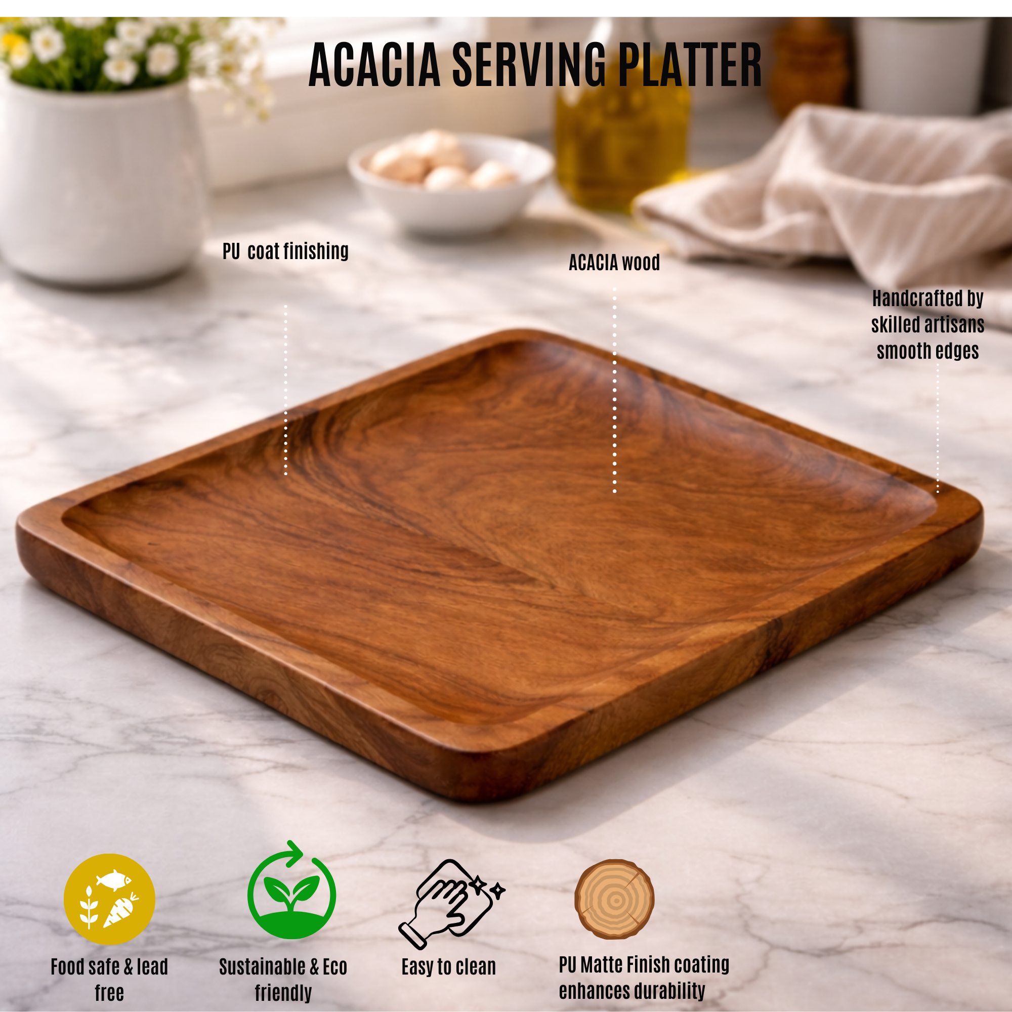 Acacia Wooden Serving Platter Tray,(10x10 inch)