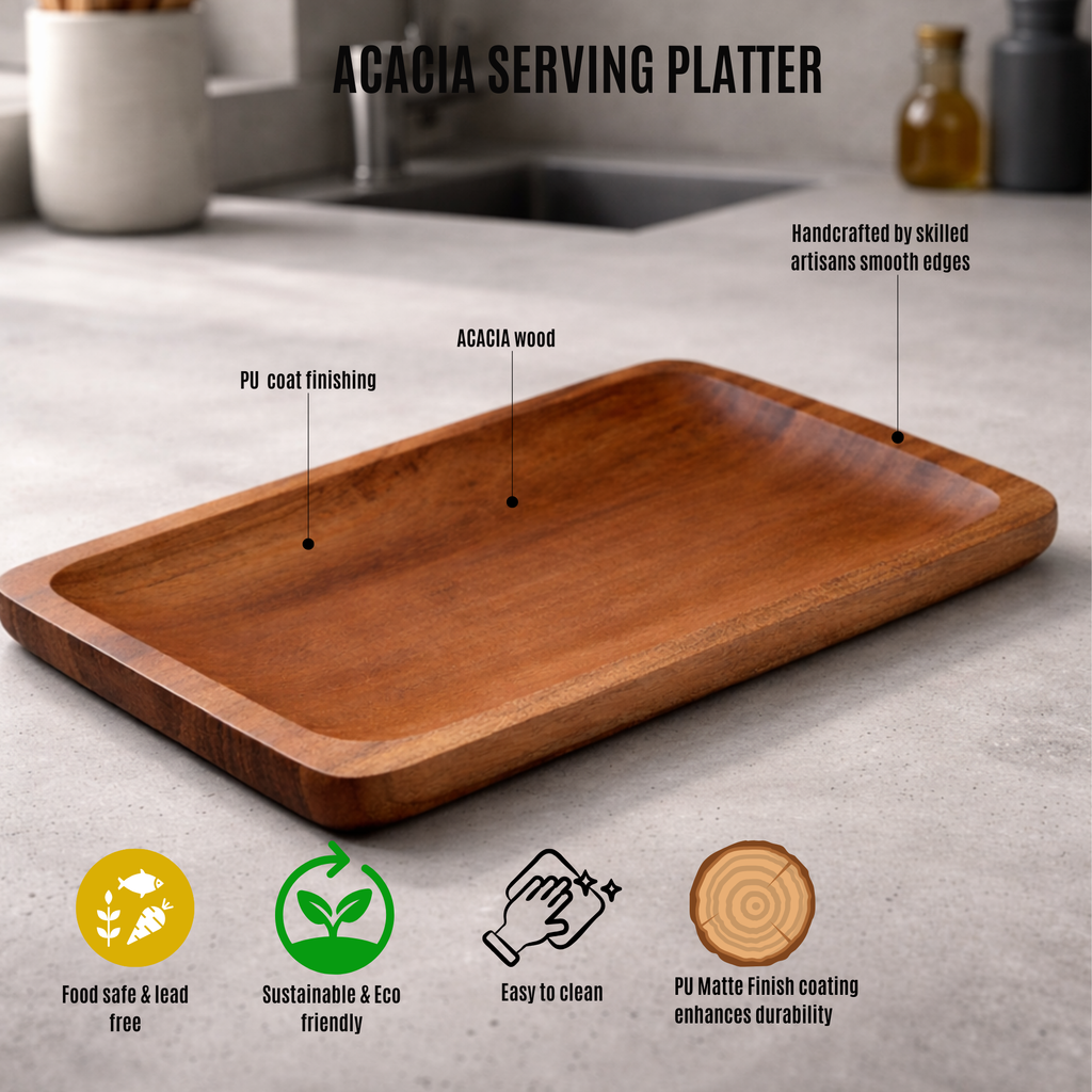 Acacia Wood Serving Platter Tray (12x6 Inches)