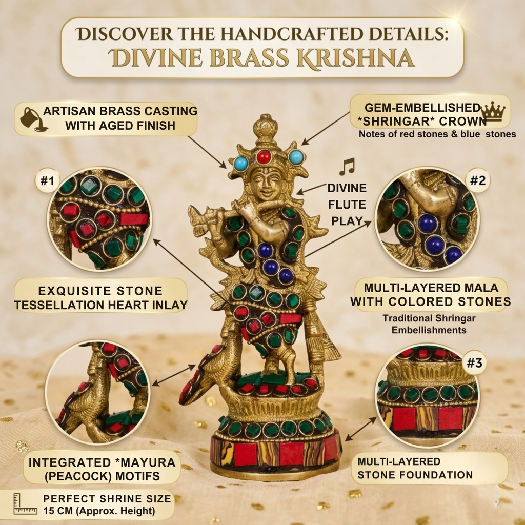 Brass Krishna Idol with Stone Work