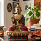 Pure Brass Sleeping Buddha Idol with Stone Work