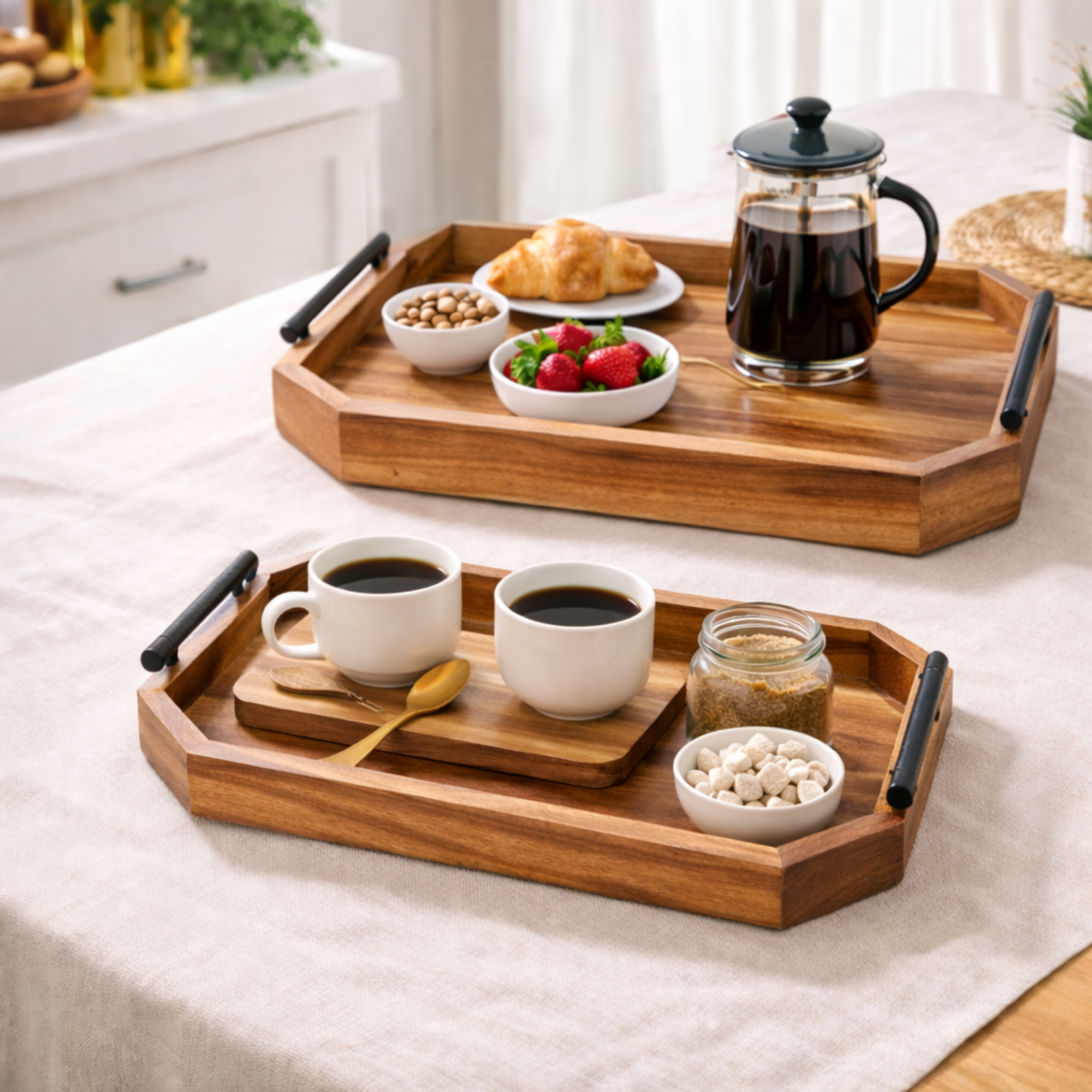 Teak Wood Serving Tray with Metal Handle