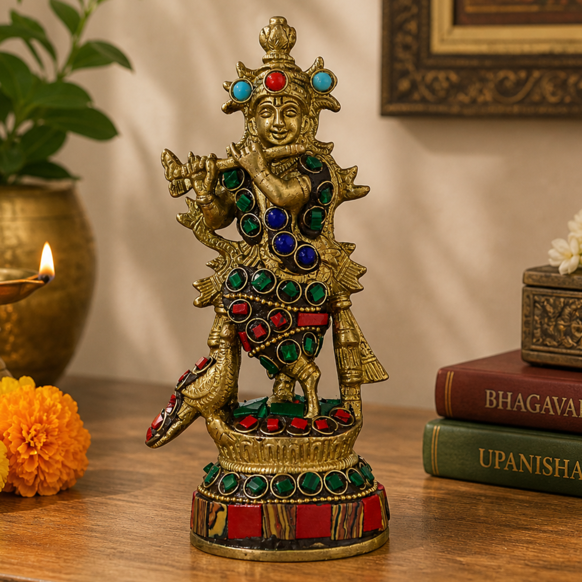 Brass Krishna Idol with Stone Work